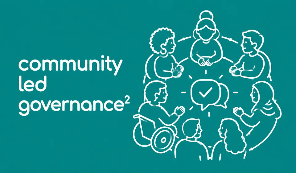 Illustration of a diverse group of people sitting in a circle, with a speech bubble and tick mark in the middle representing shared decision-making.