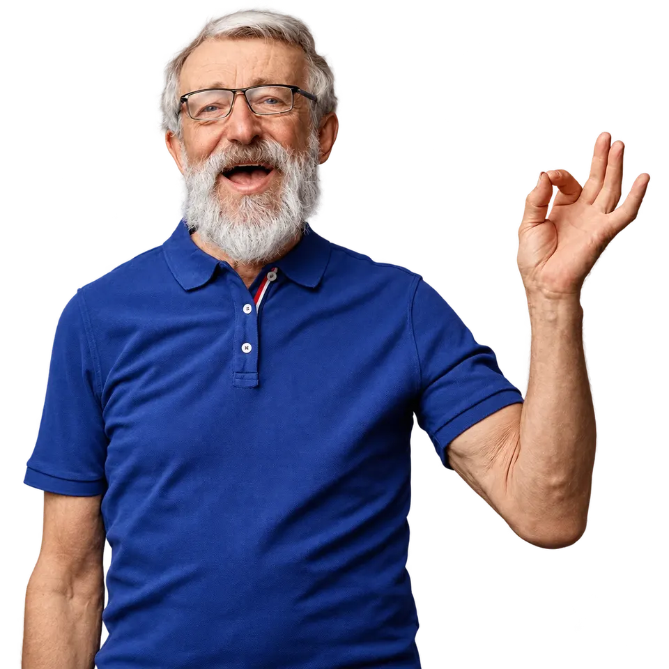 A smiling older man in a blue polo shirt giving an OK sign