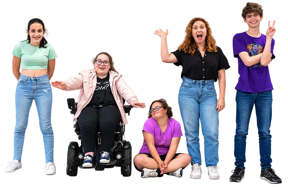 A group of five people of different ages and abilities, including a young woman using a power wheelchair