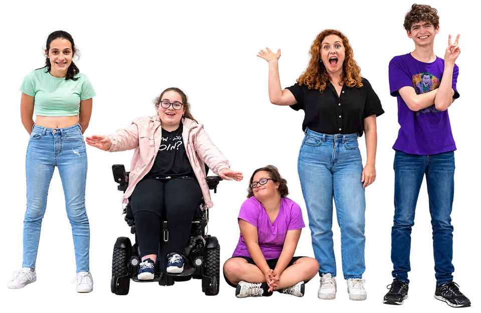 A group of five young people, including a powered-wheelchair user, smiling and waving